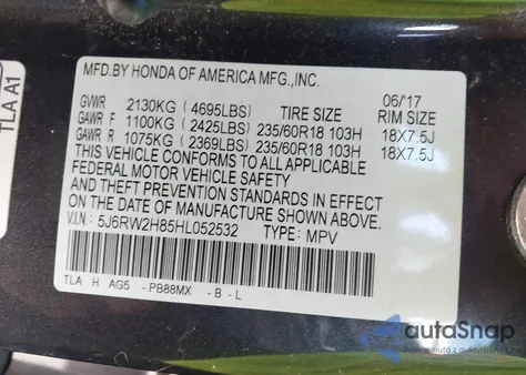 2017 Honda Cr-V Ex-L/Ex-L Navi from USA, damaged, VIN 5J6RW2H85HL052532